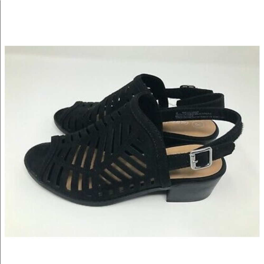 Strappy black block sandaled heels
